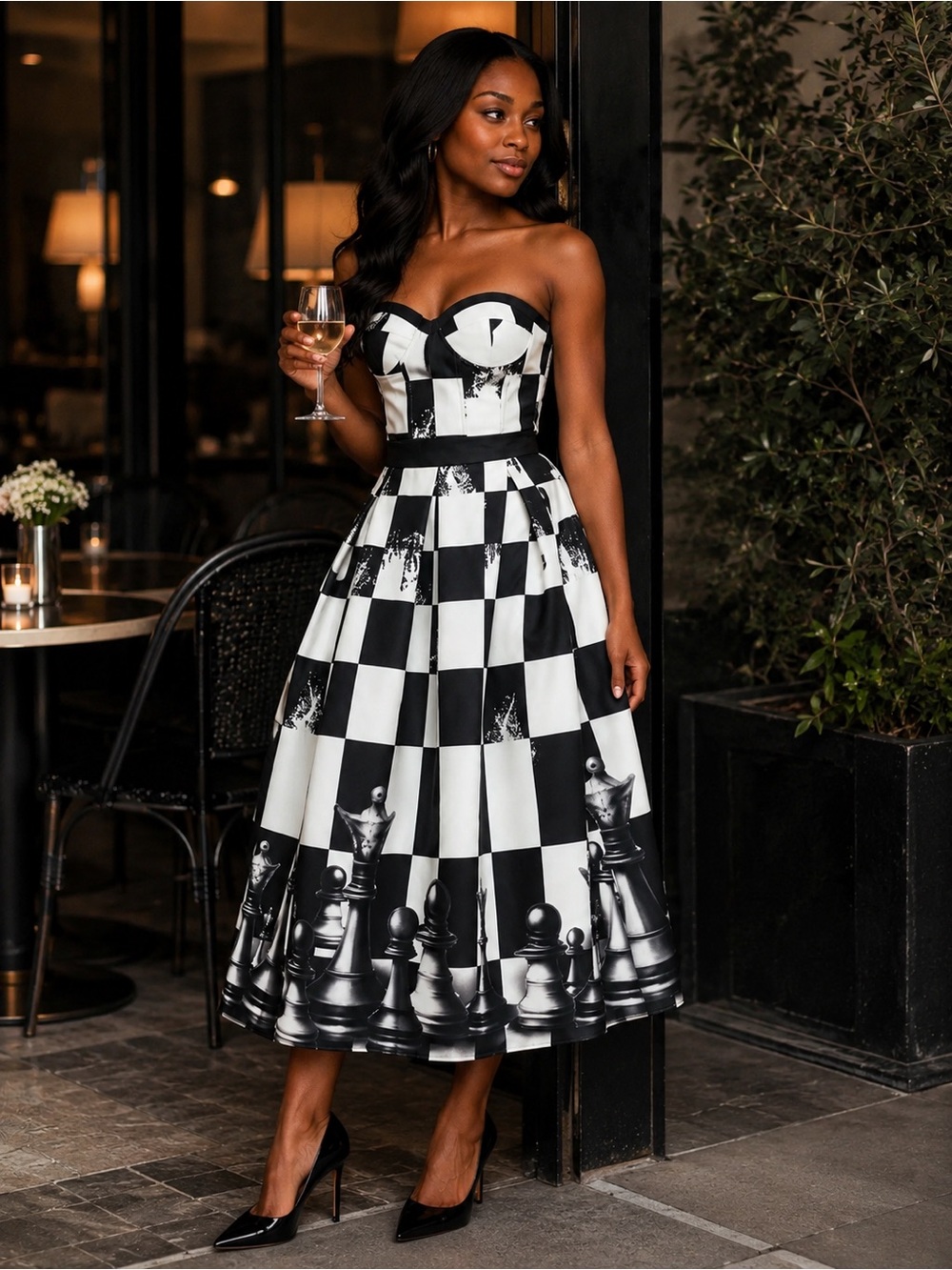 Strapless Chess-Print Midi Dress in Black and White